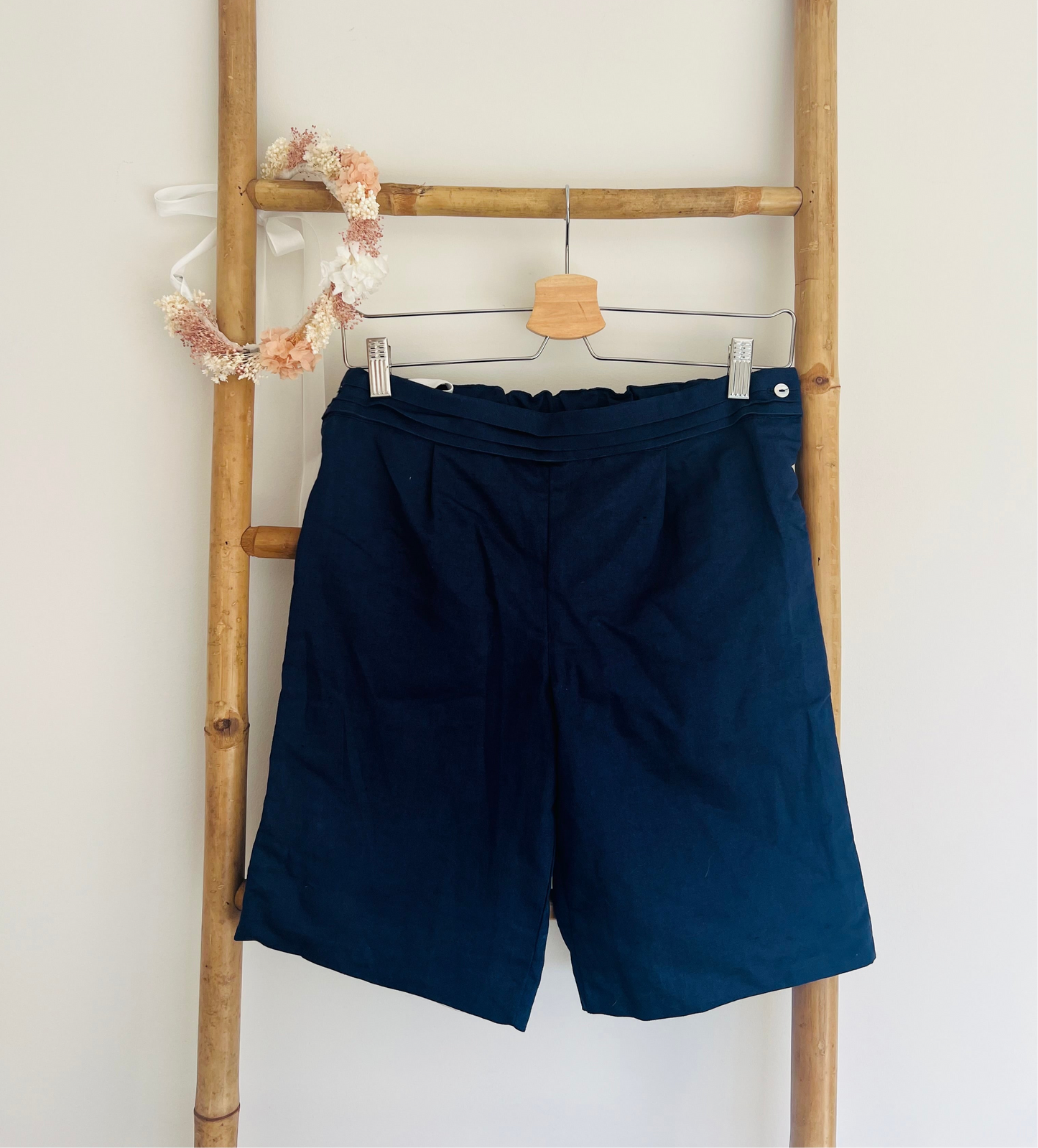 Navy Blue Pleated Belted Shorts