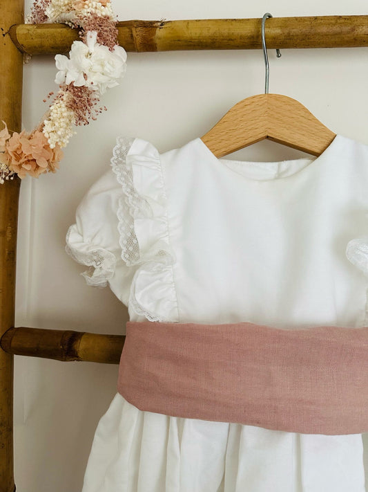 Optical White Dress with Sash and Lace on the Chest and Sleeves