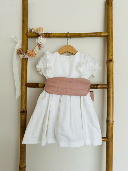 Optical White Dress with Sash and Lace on the Chest and Sleeves