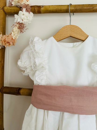 Optical White Dress with Sash and Lace on the Chest and Sleeves