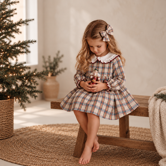 menina com vestido xadrez natalicio